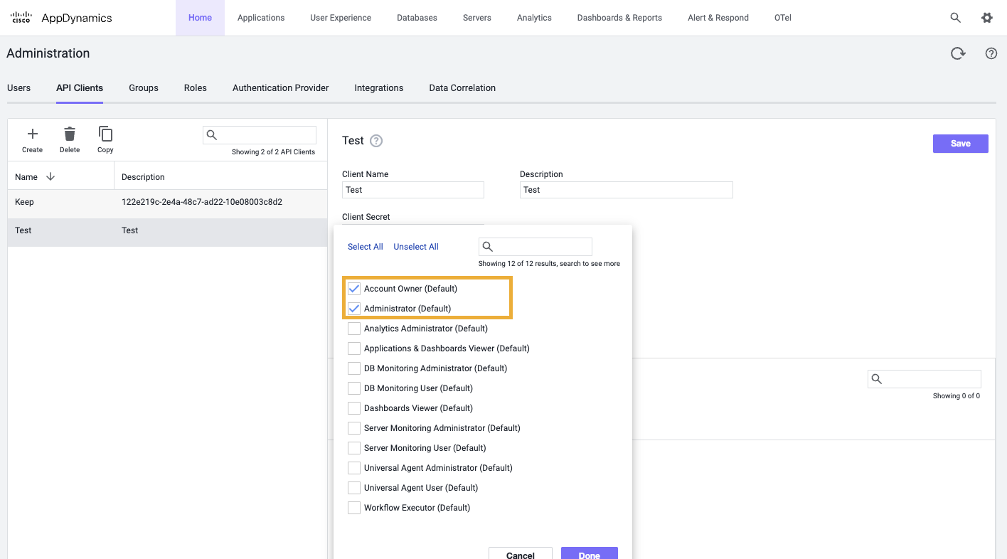 AppDynamics add API Client roles